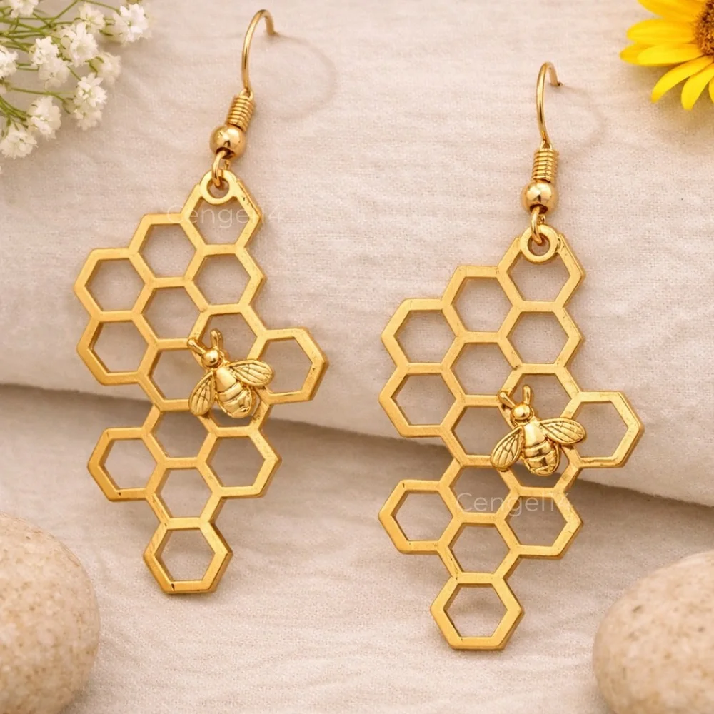 Gold Honeycomb Bee Dangle Earrings Geometric Boho Statement 2” - Picture 1 of 2